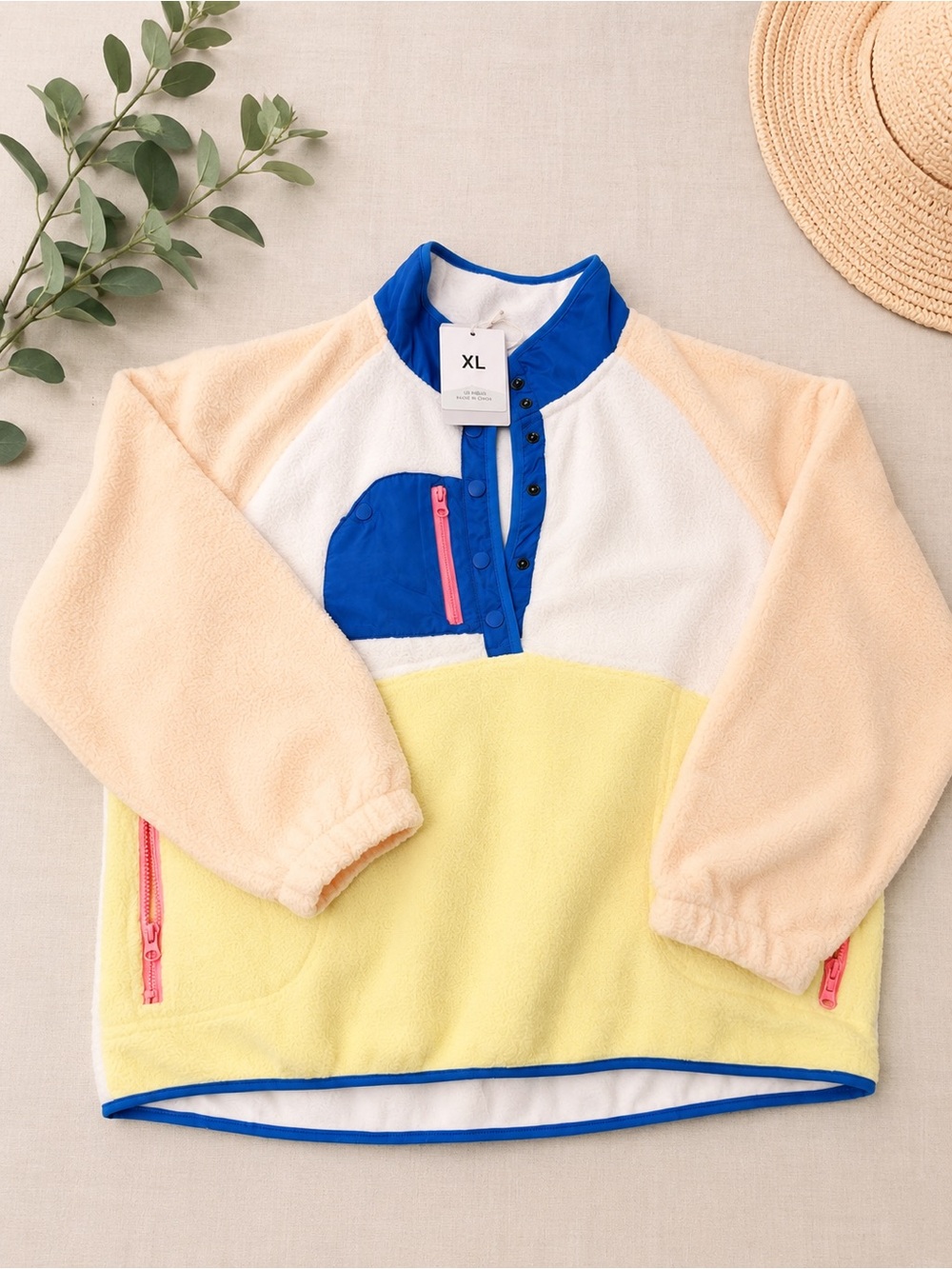 Amazon Colorblock Fleece Pullover Jacket in Blue, Yellow, Peach, White